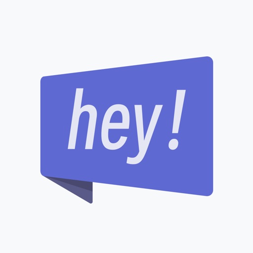 灰板 App 图标：靛蓝色 hey! 对话牌